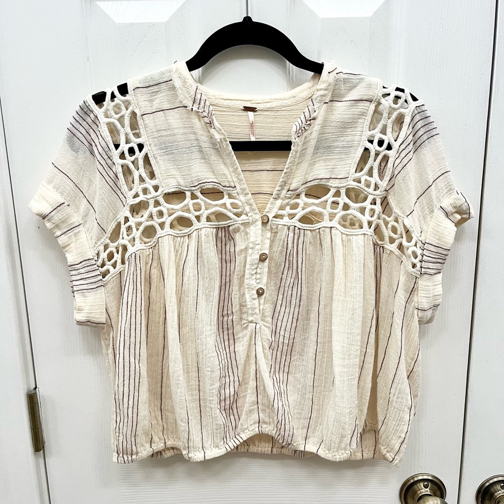 Free People Cream and Black Crochet Crop Top